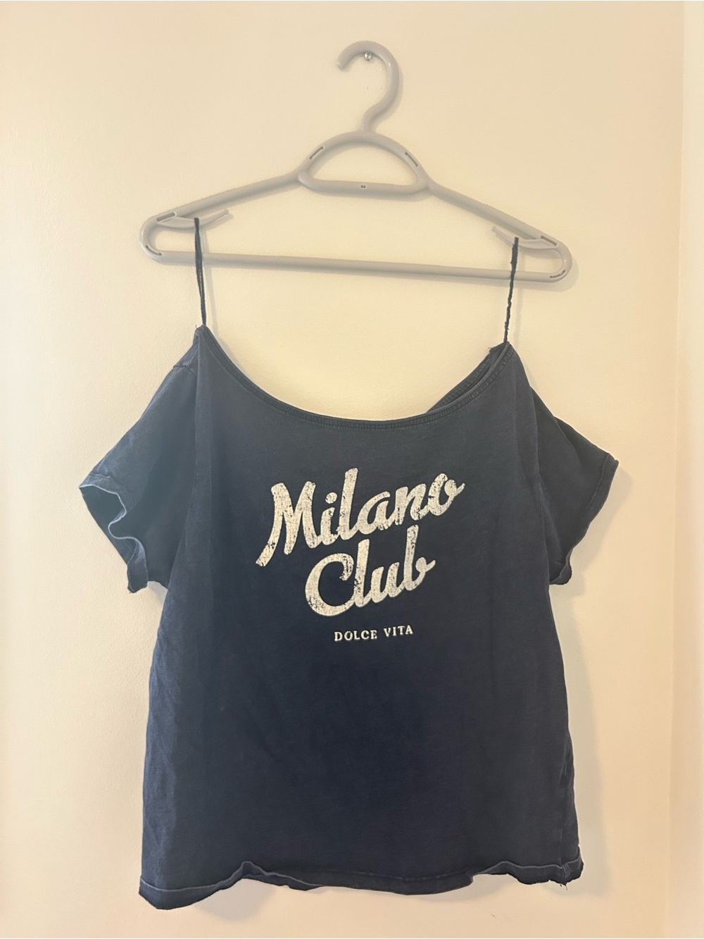 Garage Navy Off-Shoulder Camisole with 'Milano Club' Script - Navy